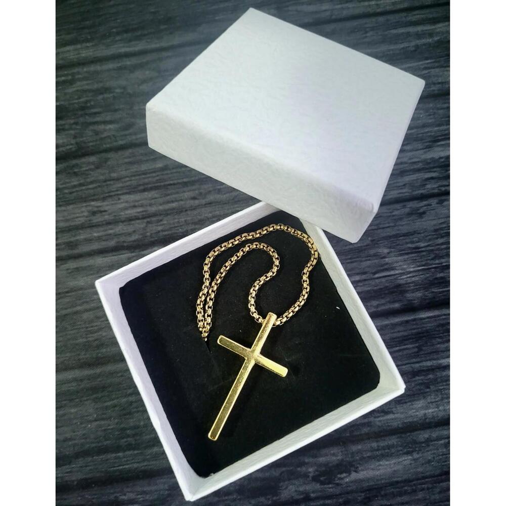 20" Mens SS Gold Plated‎ Cuban Chain Plain Cross Pendant
